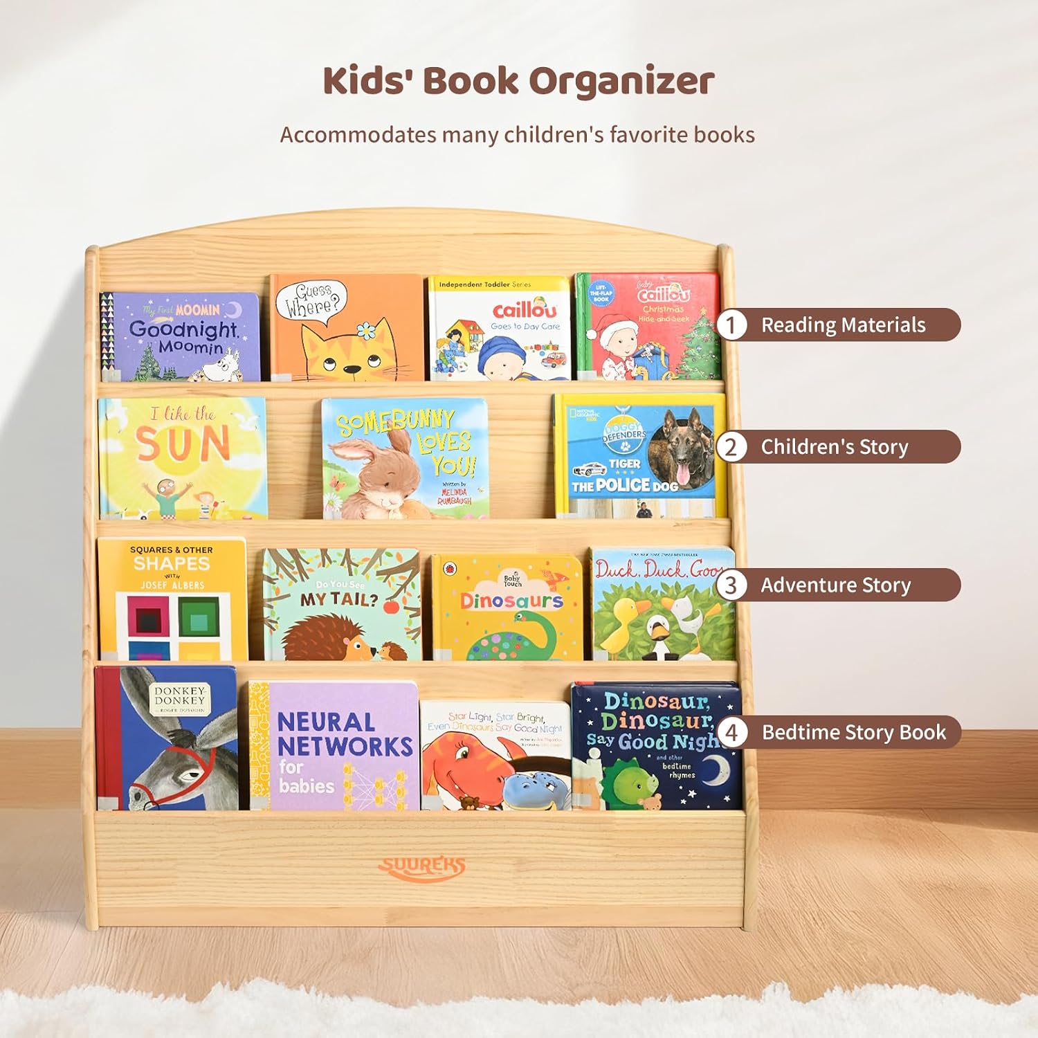Montessori Bookshelf, 4 Tier Kids Bookshelf – Safe, Sturdy, and Easy to Clean, Premium Wooden Book Shelf for Kids Rooms, Playroom, Classroom, Nursery（31-1/2' D x 11-4/5' W x 31-1/2' H）