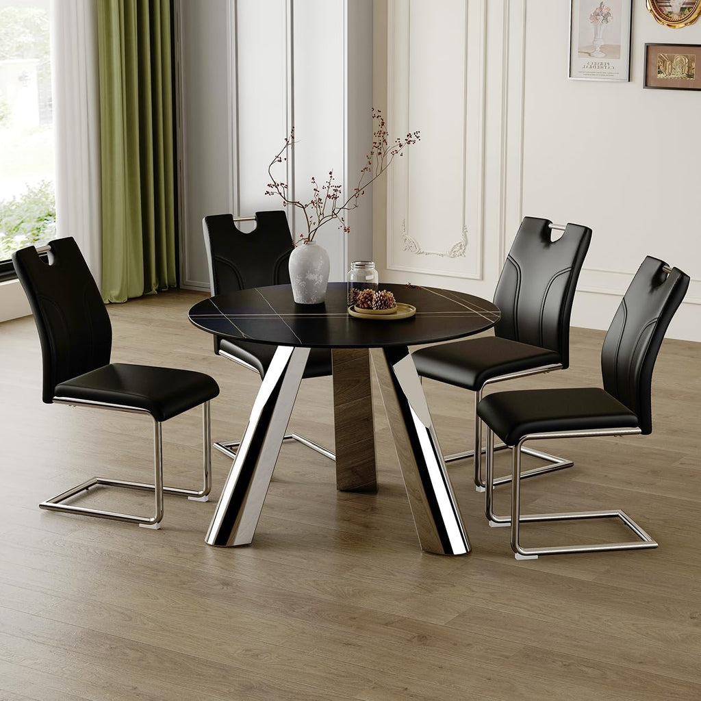 Dining Chairs Set of 2 Modern PU Kitchen Chairs with High Back,Soft Cushion Chrome Metal Legs for Dining Room,Living Room, Bedroom (Black+Silver, Set of 2)