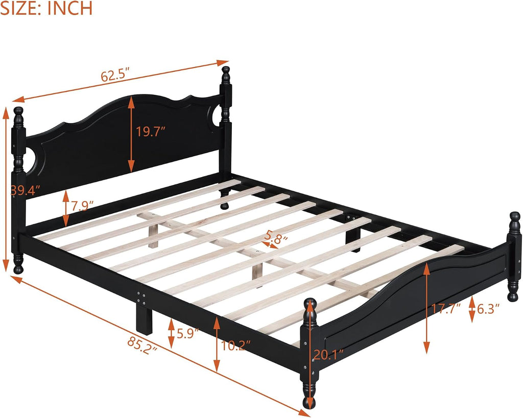 JIVOIT Retro Style Platform Bed with Headboard and Footboard, Queen Size Wood Platform Bed Frame with Wooden Slat Support, Solid Wood Foundation, No Box Spring Required (Black,Queen,5)