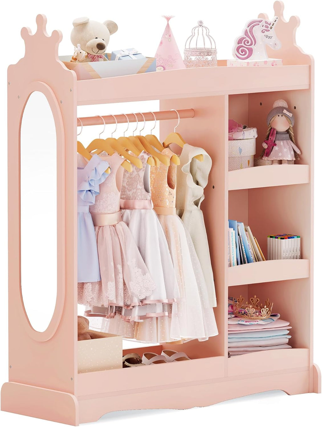 Curipeer Kids Dress up Storage with Mirror, Kids Wardrobe with Storage & 3 Hooks, Kids Closet for Girls Boys, Kids Costume Organizer, Open Hanging Armoire Wardrobe Closet for Bedroom, Pink