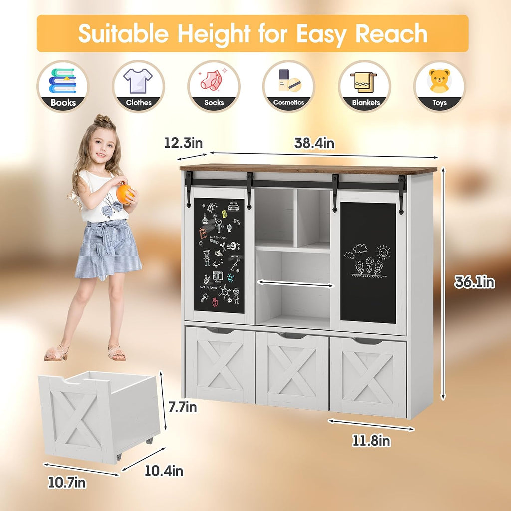 Vabches Toy Storage Organizer with Sliding Chalkboard, Kids Bookshelf and Bookcase with 3 Movable Drawers & 5 Storage Cubbies, Multifunctional Storage Cabinet Toy Chest for Playroom,Nursery, Kids Room