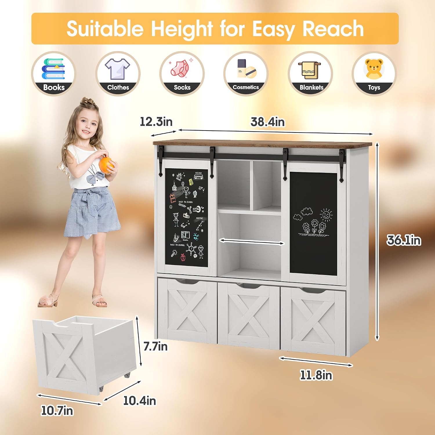 Vabches Toy Storage Organizer with Sliding Chalkboard, Kids Bookshelf and Bookcase with 3 Movable Drawers & 5 Storage Cubbies, Multifunctional Storage Cabinet Toy Chest for Playroom,Nursery, Kids Room