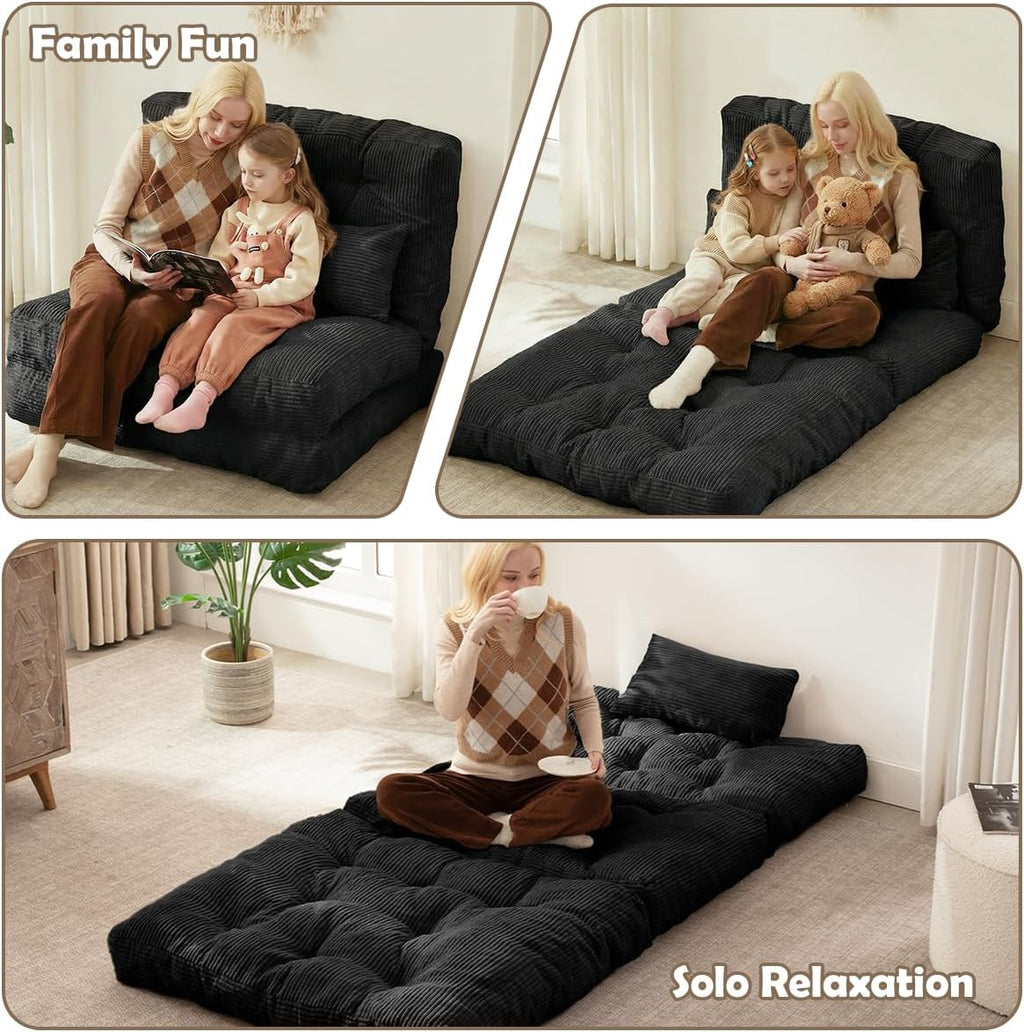 Folding Sofa Bed, Convertible Sleeper Chair with Pillow Foldable Mattress with Back Support, Portable Fold Out Chair Bed Comfy Floor Sofa Lounge for Living Room Bedroom, Black Twin 80x39 Inch