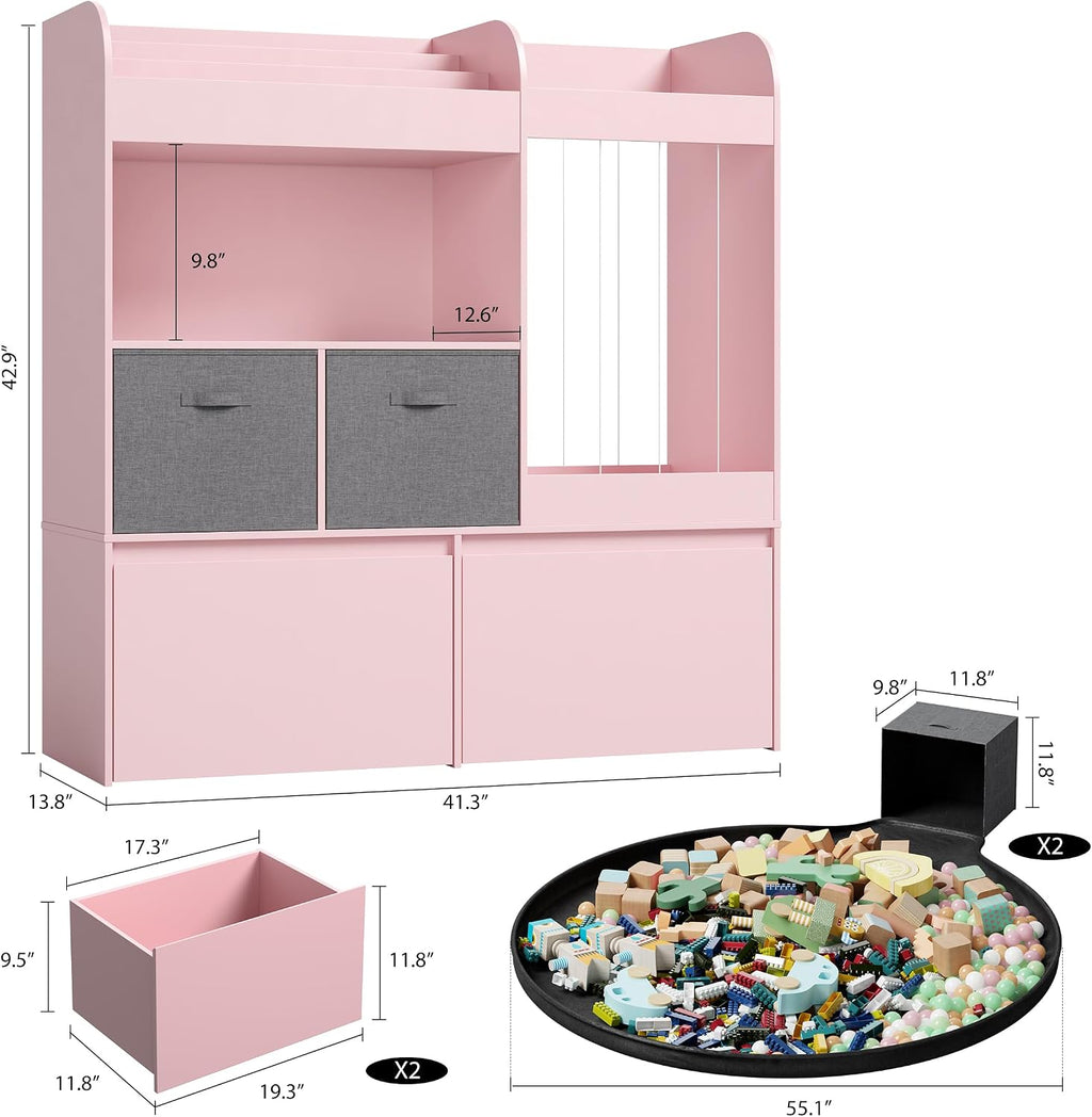42.9'' Stuffed Animal Storage with Kids Bookshelf, Large Toy Storage with Toy Chest and Play Mat, Wooden Organization with 2 Movable Drawers, 3 Tier Bookshelf for Nursery Kids Room Playroom,Pink