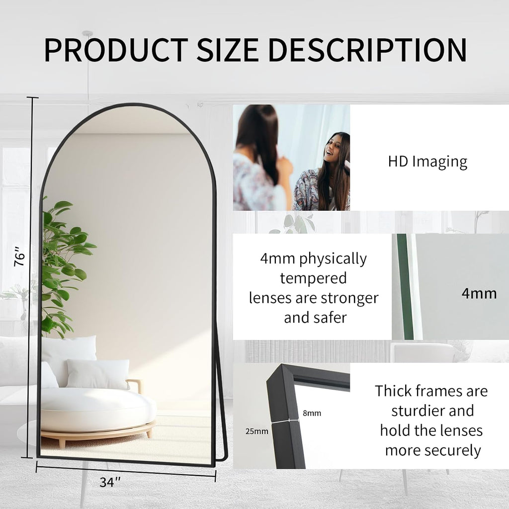 Beauty4U Arched Full Length Mirror 76' x 34', Black Large Full Body Mirror with Stand, Floor Standing & Wall Mounted HD Tempered Glass Dressing Mirror for Bedroom, Living Room, Entryway