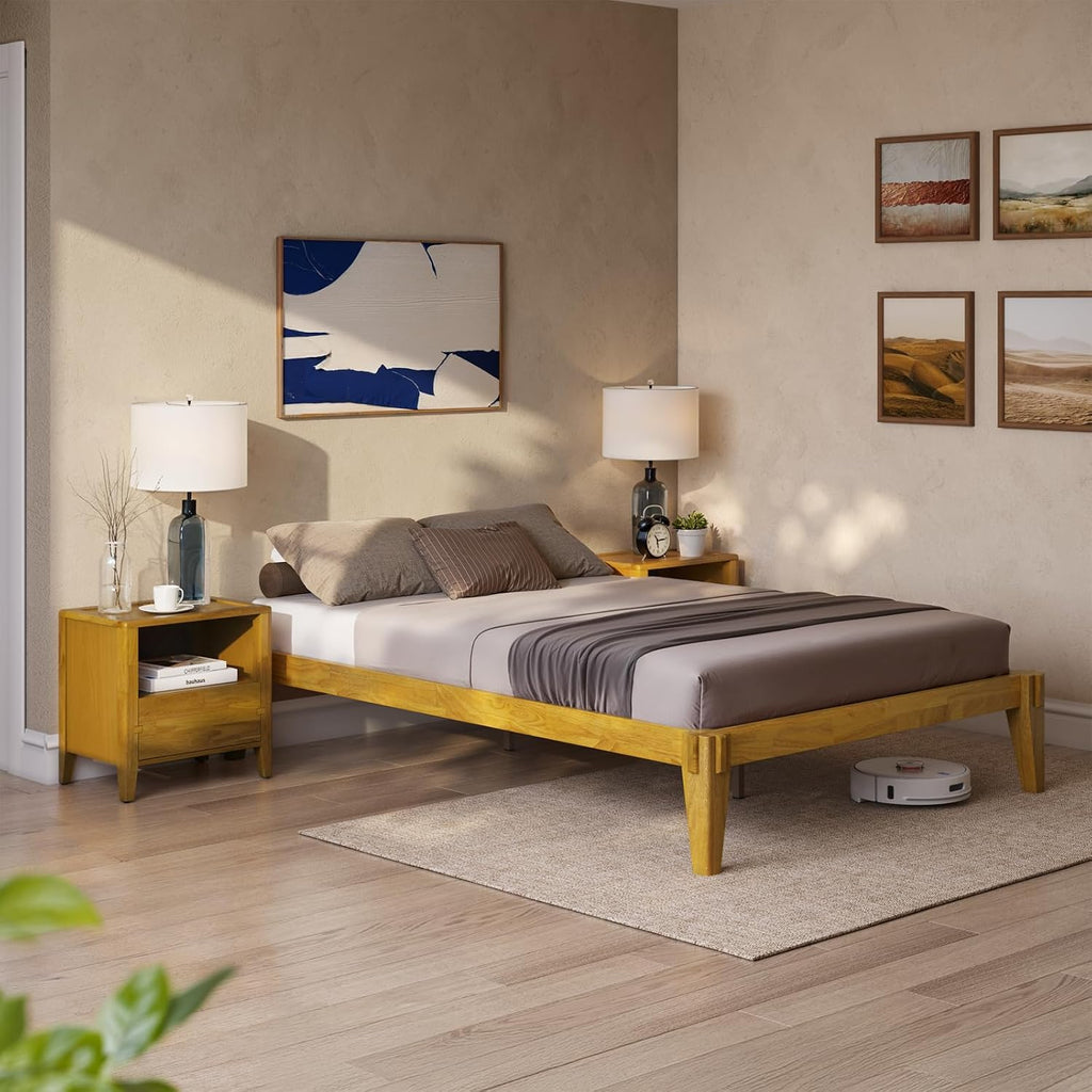 Bme Chalipa 14' King Bed Frame - Solid Wood Platform Bed - Japanese Joinery Bed Frame - Wood Slat Support - No Box Spring Needed - Easy Assembly - Minimalist & Modern Style, Golden Natural
