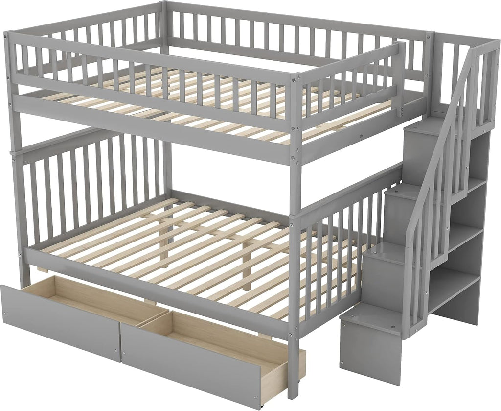 Harper & Bright Designs Full Over Full Stairway Bunk Bed with Two Drawers and Storage, Solid Wood Full Bunk Bed, No Box Spring Required（Grey）