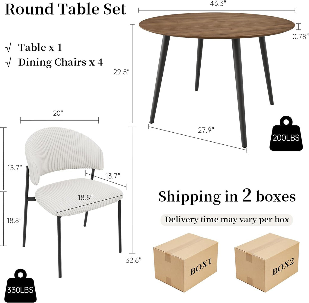 HIPIHOM 43.3 Inch Round Dining Table Set for 4, Modern Small Kitchen Coffee Set for Dining Room Kitchen Apartment (Walnut Table + 4 White Shell Chairs)