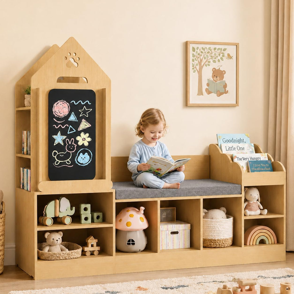 Xilingol Kids Reading Nook with Storage Bench and Chalkboard, Wooden Kids Bookshelf and Toy Storage, Toy Organizer for Boys & Girls, Toddler Reading Nook for Bedroom, Nursery, Playroom, Natural Oak