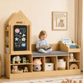 Xilingol Kids Reading Nook with Storage Bench and Chalkboard, Wooden Kids Bookshelf and Toy Storage, Toy Organizer for Boys & Girls, Toddler Reading Nook for Bedroom, Nursery, Playroom, Natural Oak