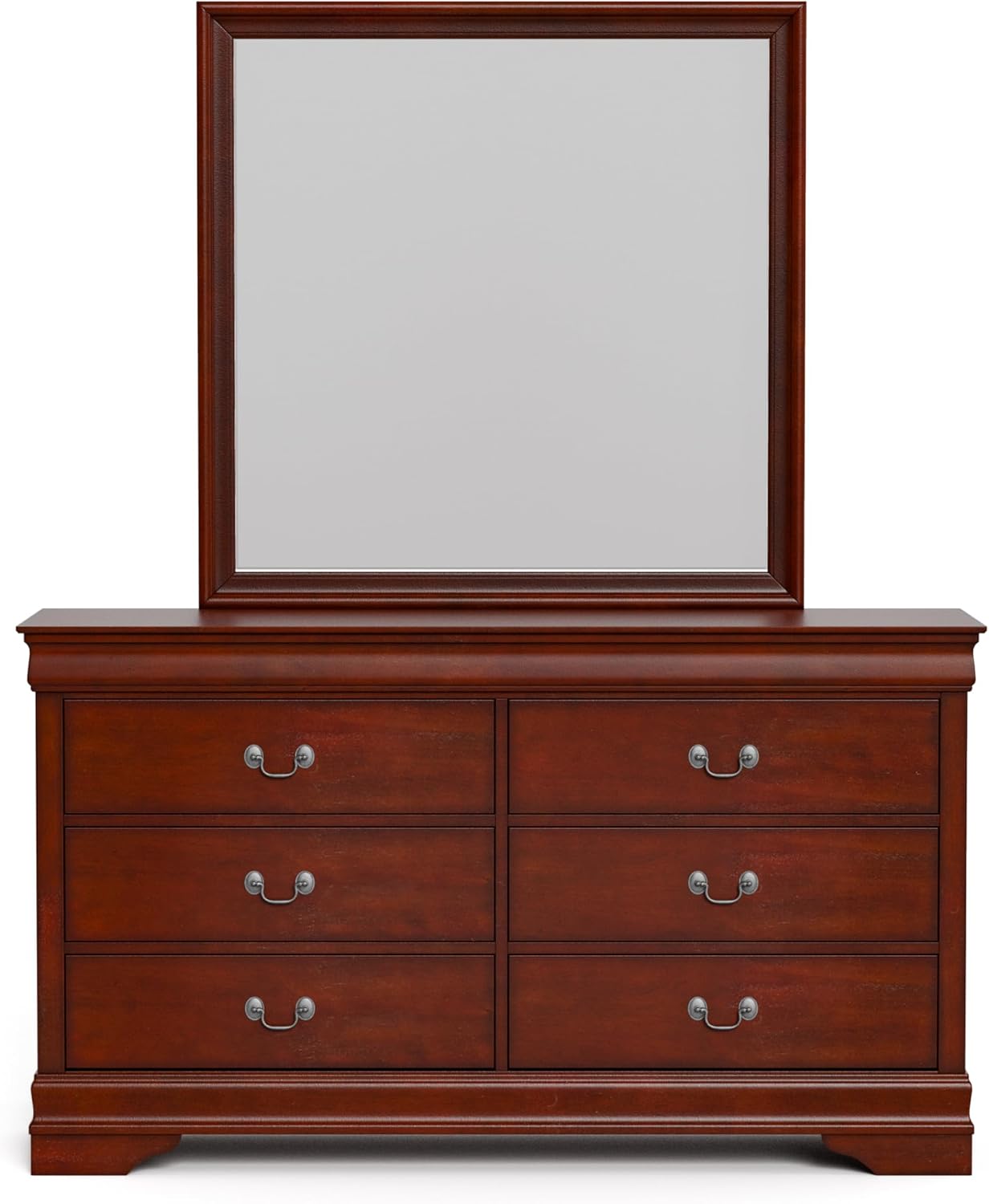 Furniture of America Arabella Traditional Wooden 6 Drawer Dresser with Mirror, Vintage Bedroom Set, Accent Vanity Dressing Table with Antique Nickle Handles for Dressing Room, Walk-in Closet, Cherry