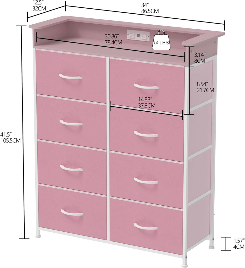 Pink Dresser for Bedroom with Charing Station Dressers with LED Lights Tall Dresser with 8 Drawers Storage Tower for Closet Living Room Hallway Entryway Sturdy Steel Frame Wood Top