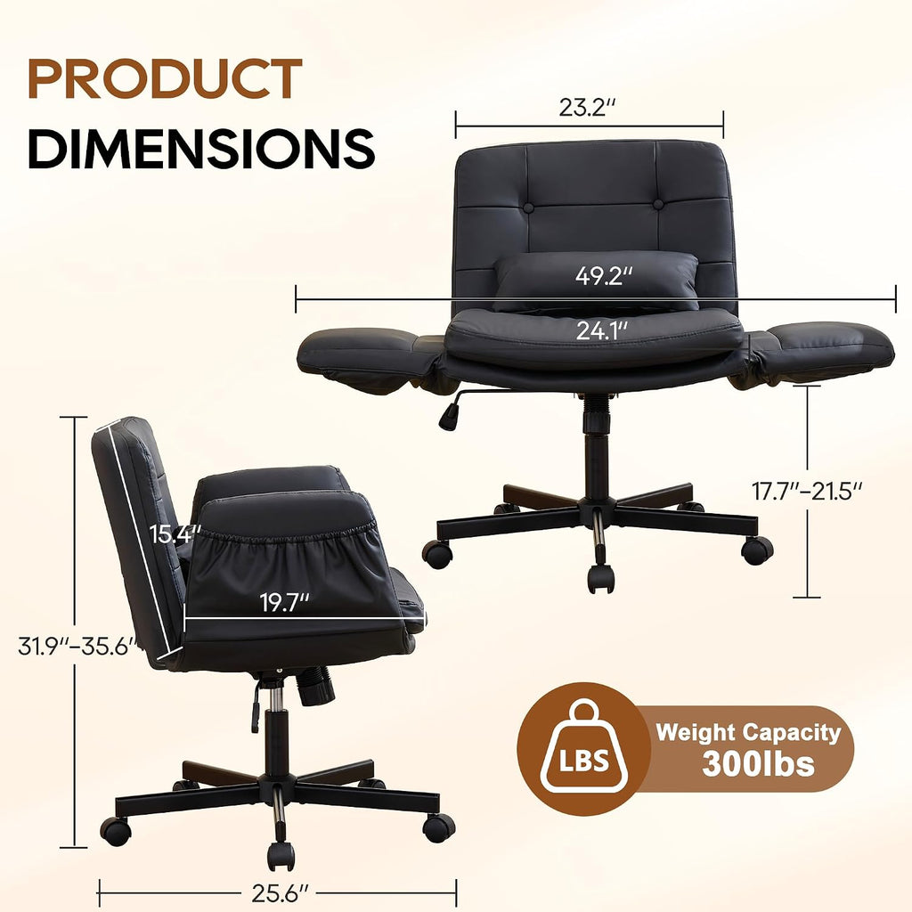 Criss Cross Chair with Wheels & Outward-Folding Armrests, Faux Leather Cross Legged Office Chair with Storage Pockets, Comfortable Adjustable Swivel Vanity Chair for Home, Living Room, Bedroom (Black)