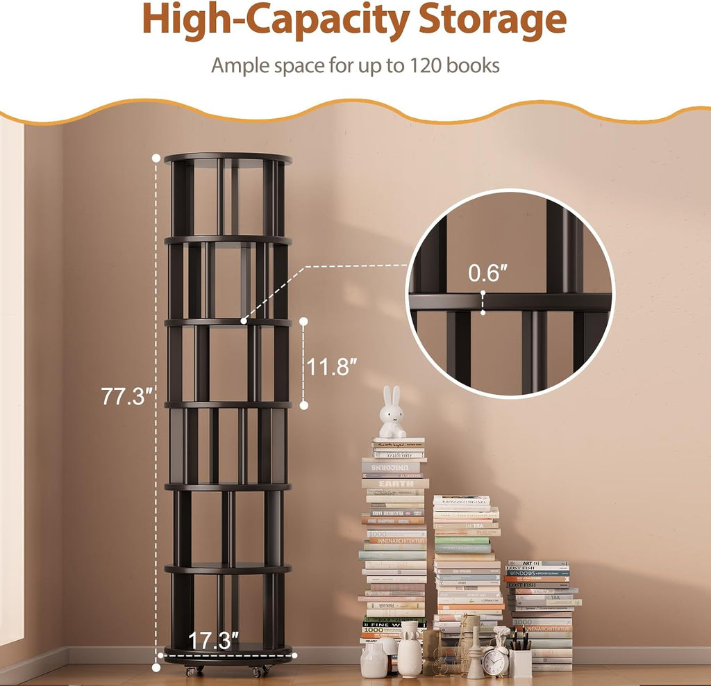 Muwuele Solid Wood Rotating Bookshelf on Wheels, 6 Tier, Round Revolving Bookcase, 360° Spinning Book Shelf Tower for Kids, Narrow Rolling Bookshelves for Small Space, Corner, Bedroom, Office, Black