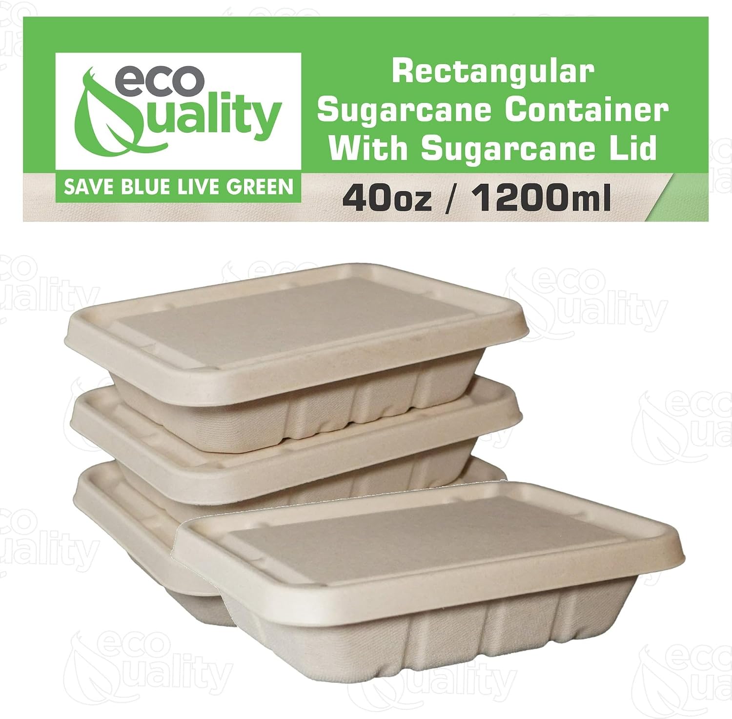 EcoQuality 40oz Disposable Bowls with Fiber Lids - Rectangular Compostable Sugarcane Fiber Biodegradable Paper Bowls Eco-Friendly Take Out Food Storage Containers, Microwave Safe, Meal Prep (400 PACK)