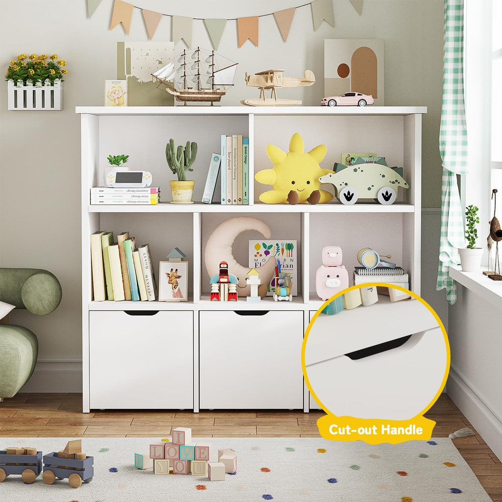Teckid 2-in-1 Kids Bookshelf and Toy Storage Organizer, Kids Storage Cabinet with 5 Open Cubbies and 3 Rolling Drawers, Multifunctional Toy Chest for Playroom Bedroom Living Room, White