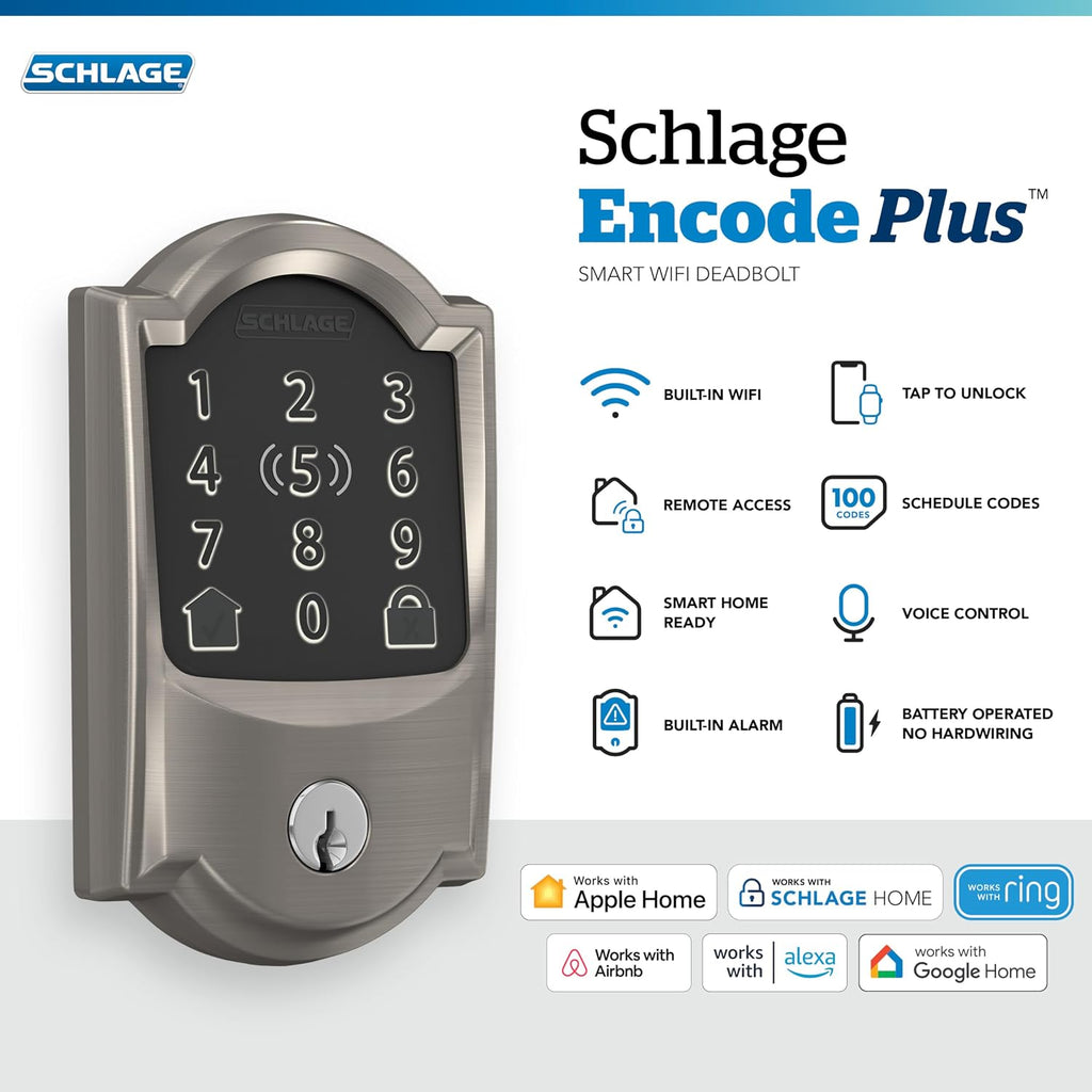 Schlage Encode Plus Smart WiFi Deadbolt Lock, Tap to Unlock, Satin Nickel | Keyless entry door lock with touchscreen, Apple watch unlock, Apple Home, Alexa & Airbnb compatible, Certified security