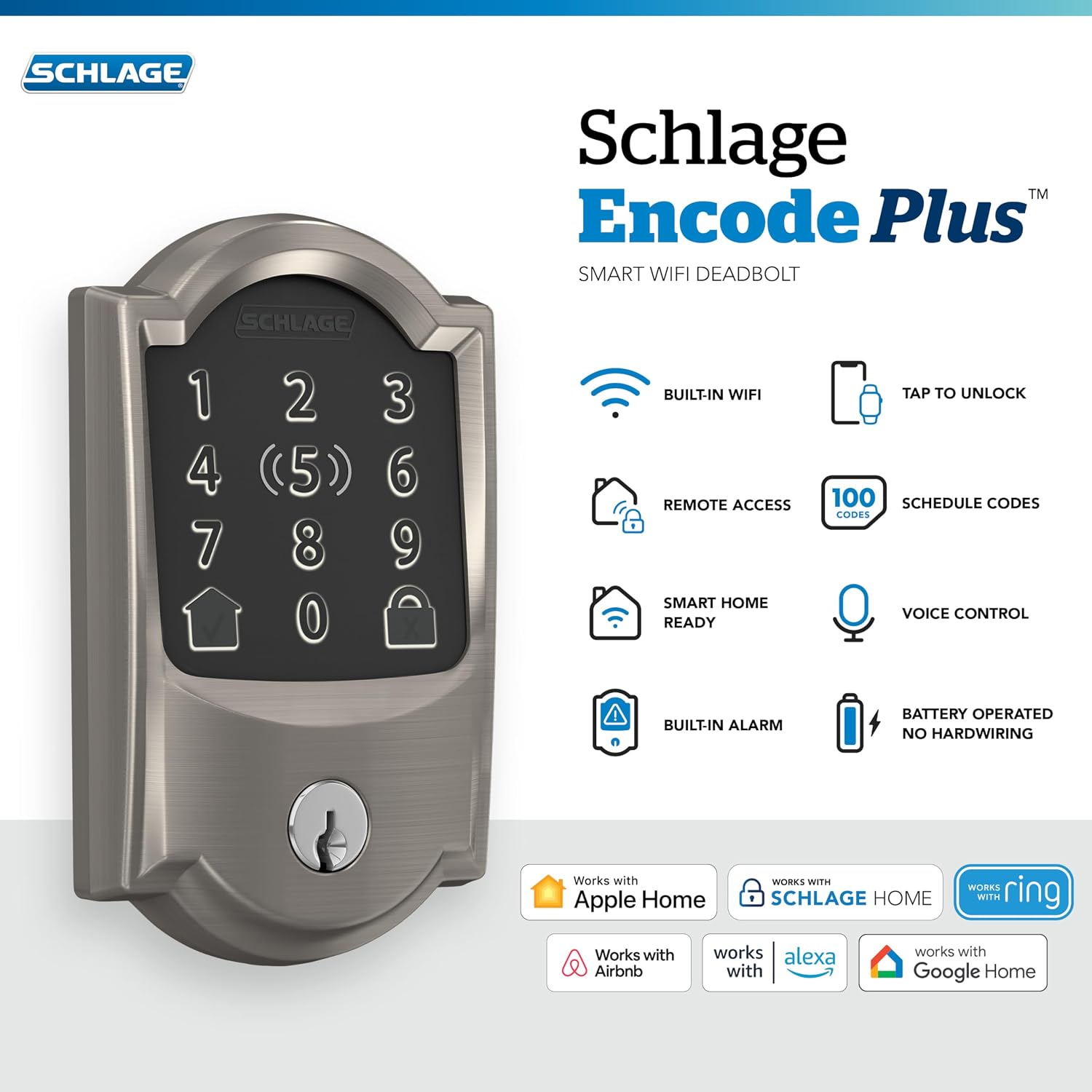 Schlage Encode Plus Smart WiFi Deadbolt Lock, Tap to Unlock, Satin Nickel | Keyless entry door lock with touchscreen, Apple watch unlock, Apple Home, Alexa & Airbnb compatible, Certified security