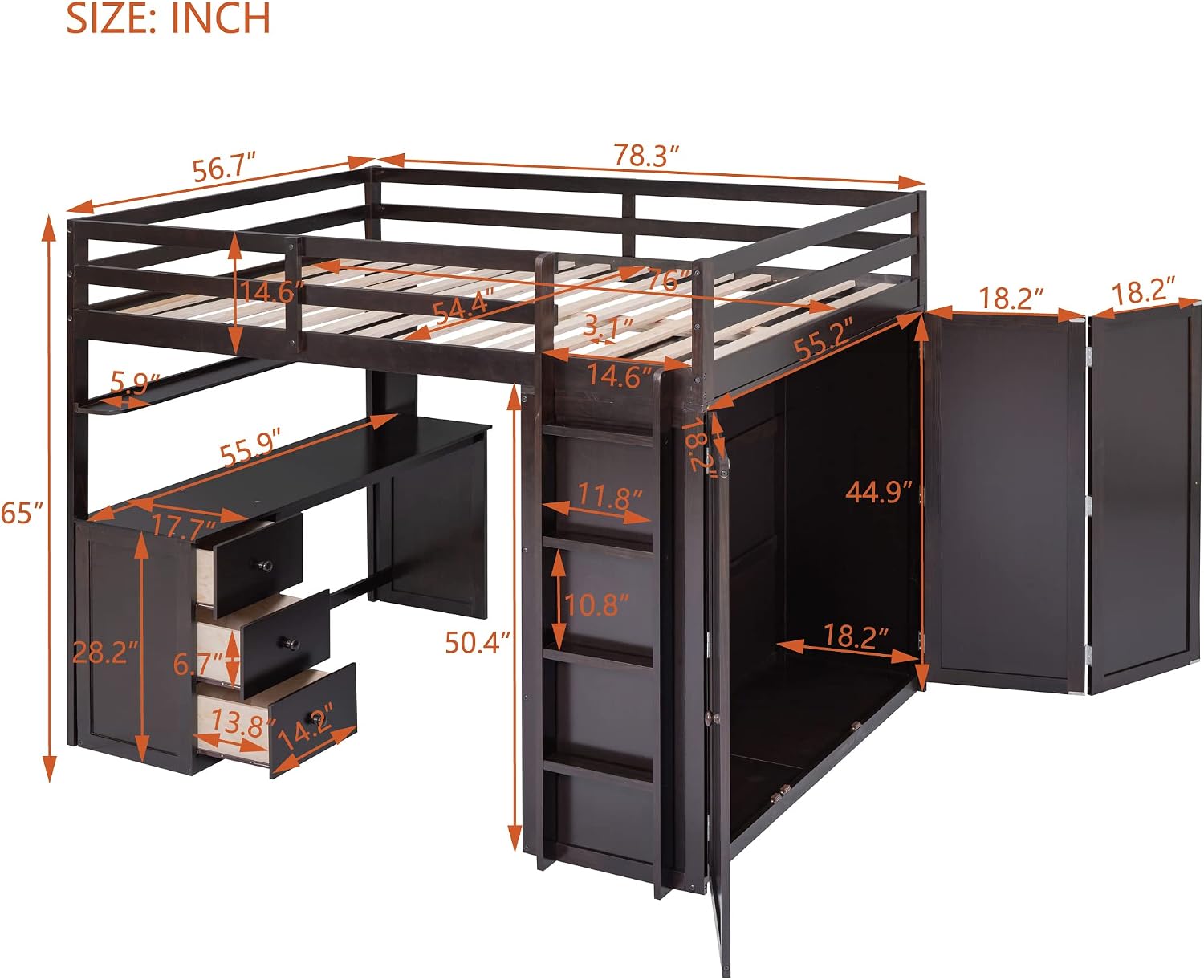 Full Size Loft Bed with Drawers and Desk, Wardrobe, Ladder for Kids, Adults, Girls, Bedroom, Easy Assembly, No Box Spring Needed, Space-Saving, Espresso