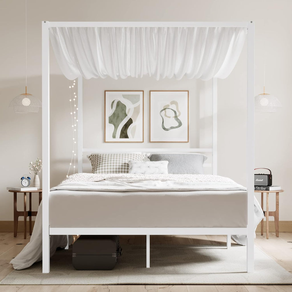 ikalido Queen Size Metal Canopy Bed Frame, Modern Four-Poster Platform Bed Frame, Mattress Foundation with Metal Slat Support/Under-Bed Storage Space/No Box Spring Needed/White