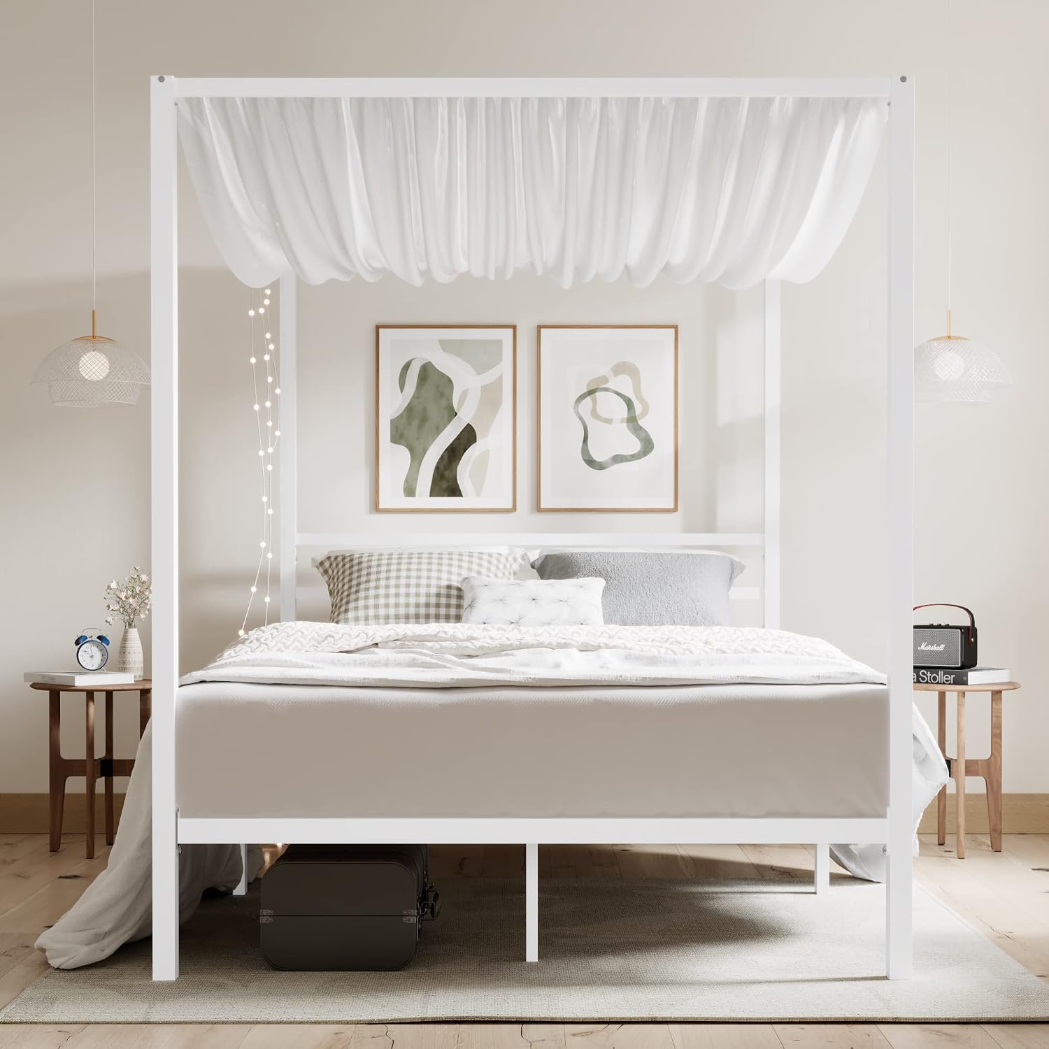 ikalido Full Size Metal Canopy Bed Frame, Modern Four-Poster Platform Bed Frame, Mattress Foundation with Metal Slats Support/Under-Bed Storage Space/No Box Spring Needed/White