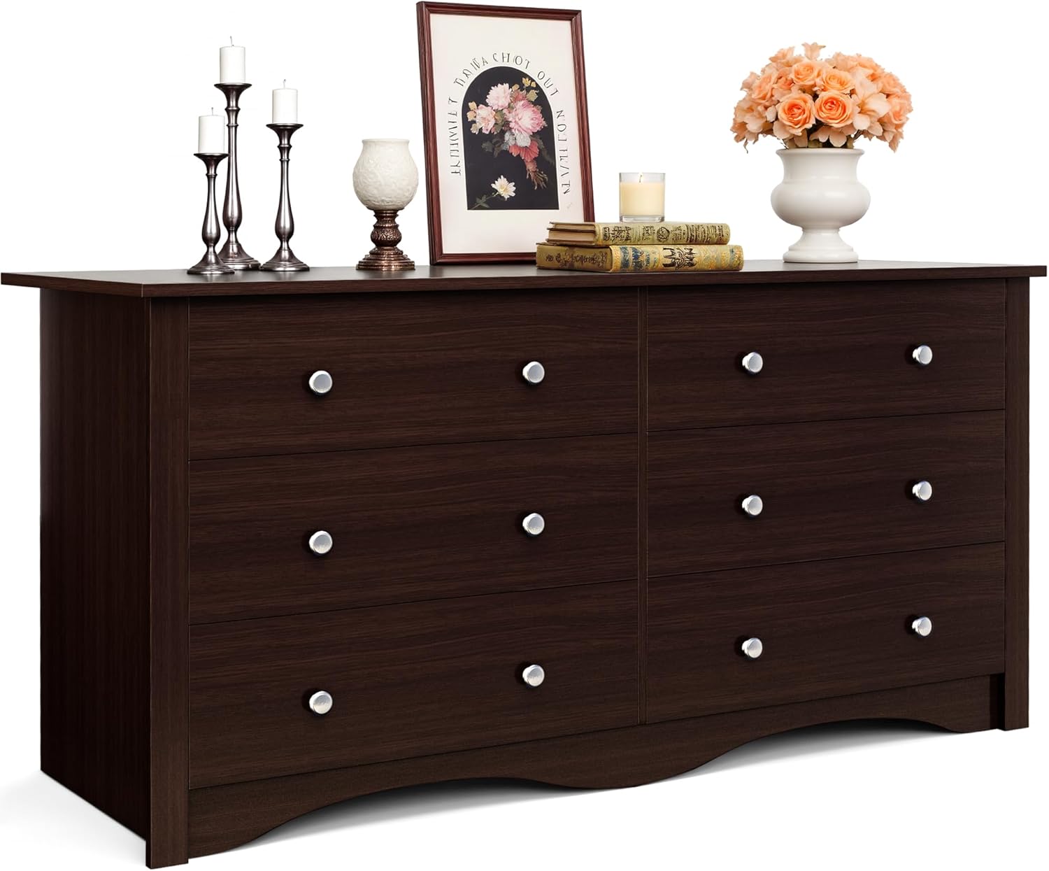 JUMMICO Dresser for Bedroom, 6 Wood Dresser Drawers, Wide Chest of Drawers, Storage Tower Unit, Modern Design for Bedroom, Living Room, Hallway, Entryway (Dark Brown)