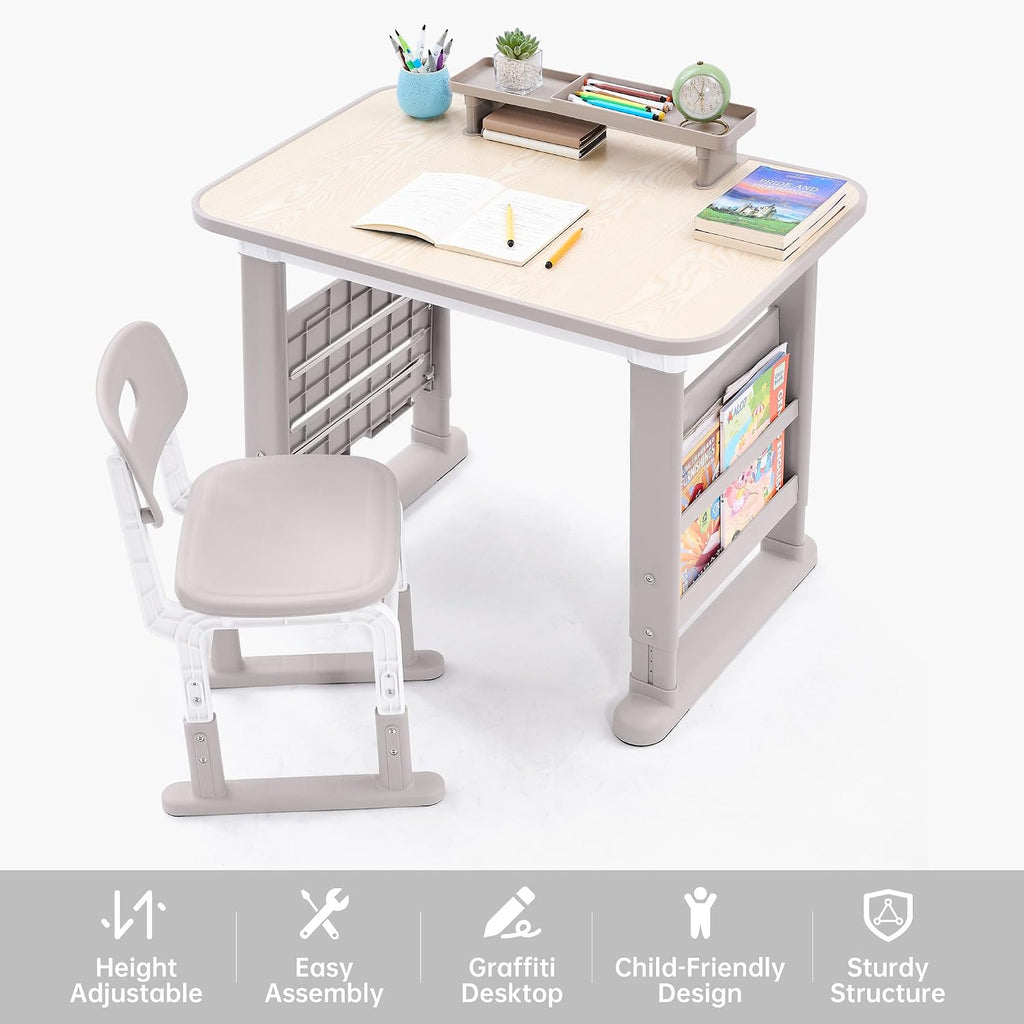 GITAWUSA Kids Desk and Chair Set, Height Adjustable Childrens Study Desk, Graffiti Table for 3-12 Years, Kids Art Table with Side Bookshelf and Storage, Multi-Functional for Bedroom & Study Room(Grey)