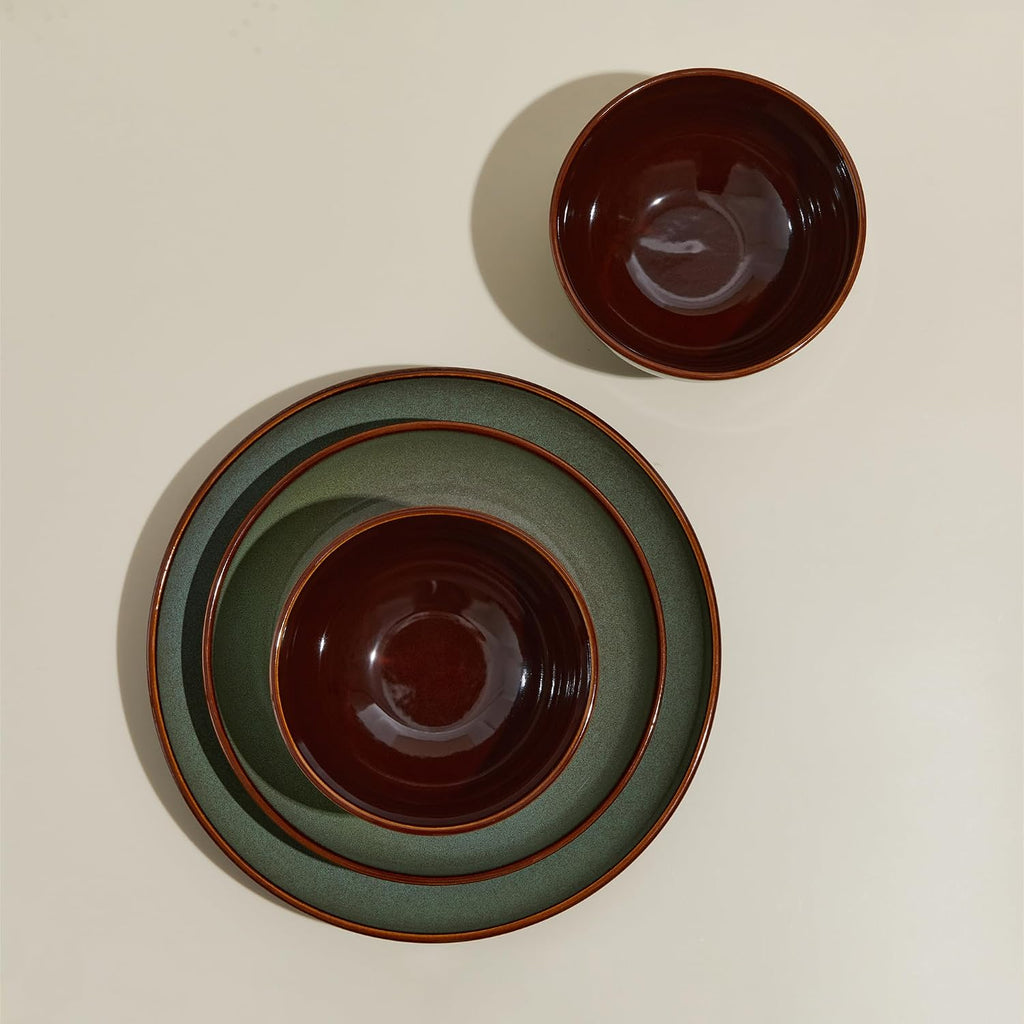 Pokini 24 Piece Double Bowl Dinnerware Sets with Pasta Bowls, Highly Chip and Crack Resistant Plates and Bowls Sets, Natural Earthyware Ceramic Dishware Sets, Service for 6 Sage Green
