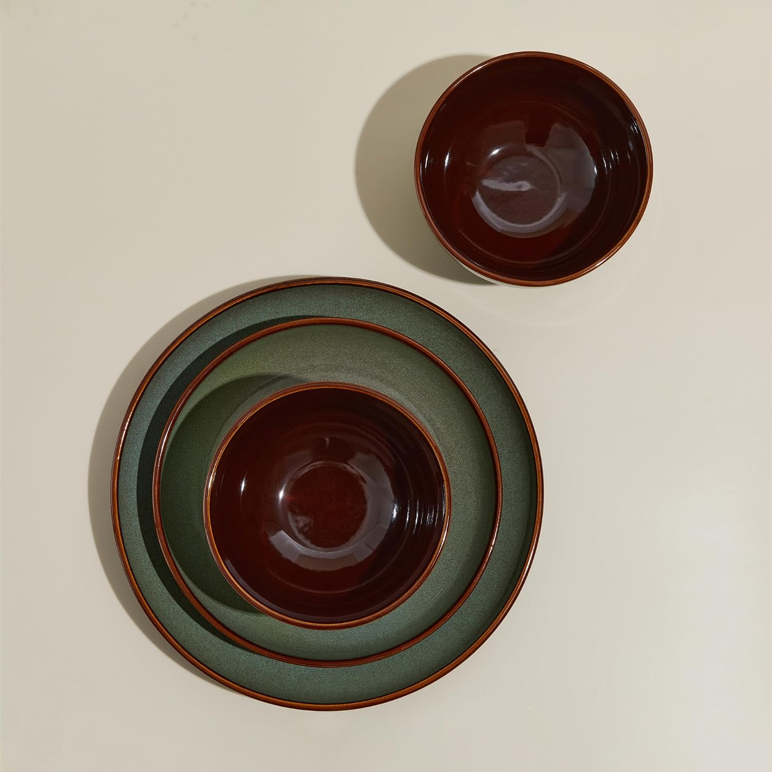 Pokini 24 Piece Double Bowl Dinnerware Sets with Pasta Bowls, Highly Chip and Crack Resistant Plates and Bowls Sets, Natural Earthyware Ceramic Dishware Sets, Service for 6 Sage Green