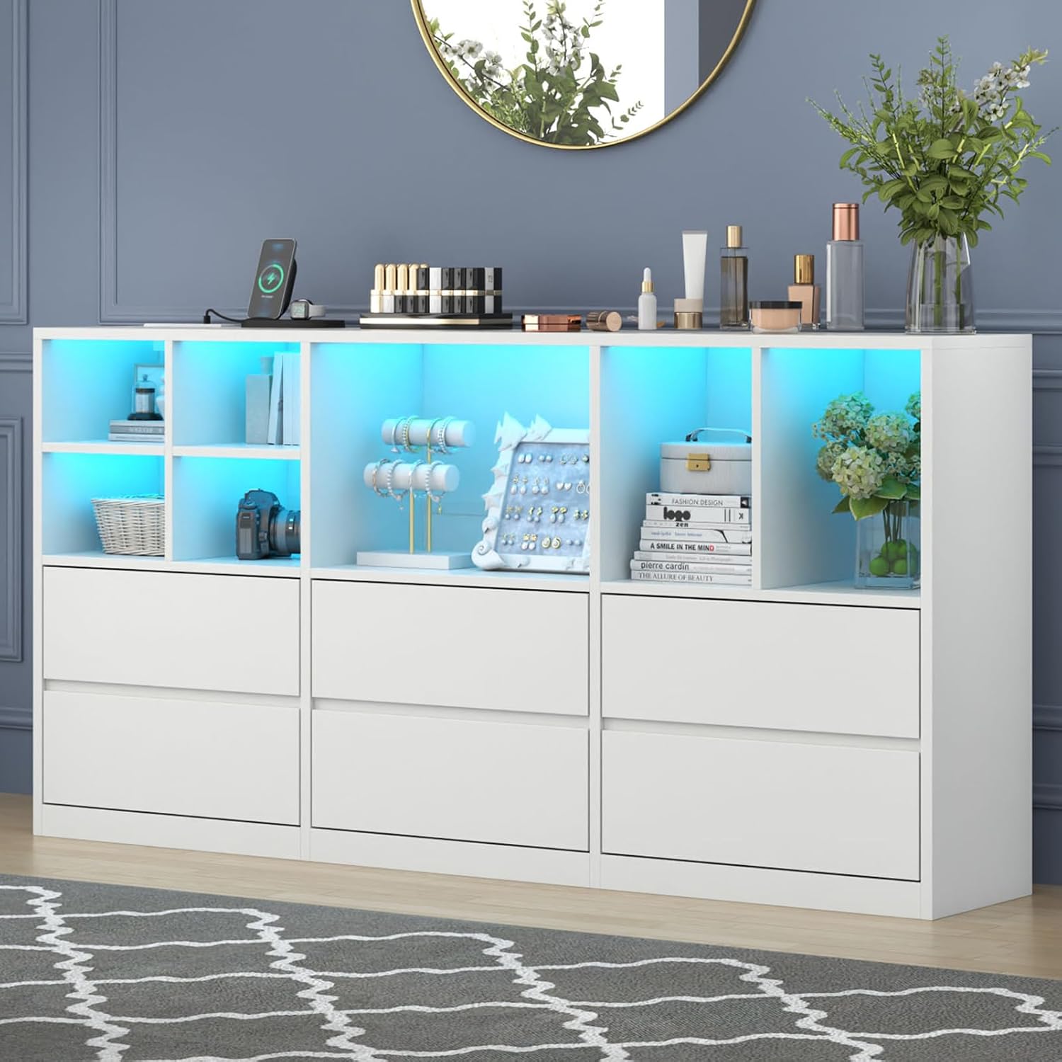 6 Drawers Dresser with 7 Storage Cubbies, LED Chest of Drawers with Power Outlet, 63' Triple Wide Long Dresser Organizer for Bedroom, Modern TV Stand with Open Shelf for Living Room, Entryway (White)