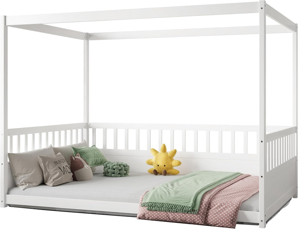 Full Size Canopy Bed Frame with Guardrails,Floor Bed Full with Four Poster Design,Montessori Floor Bed,Wood Canopy Bed Frame for Girls,Boys(Full,White)
