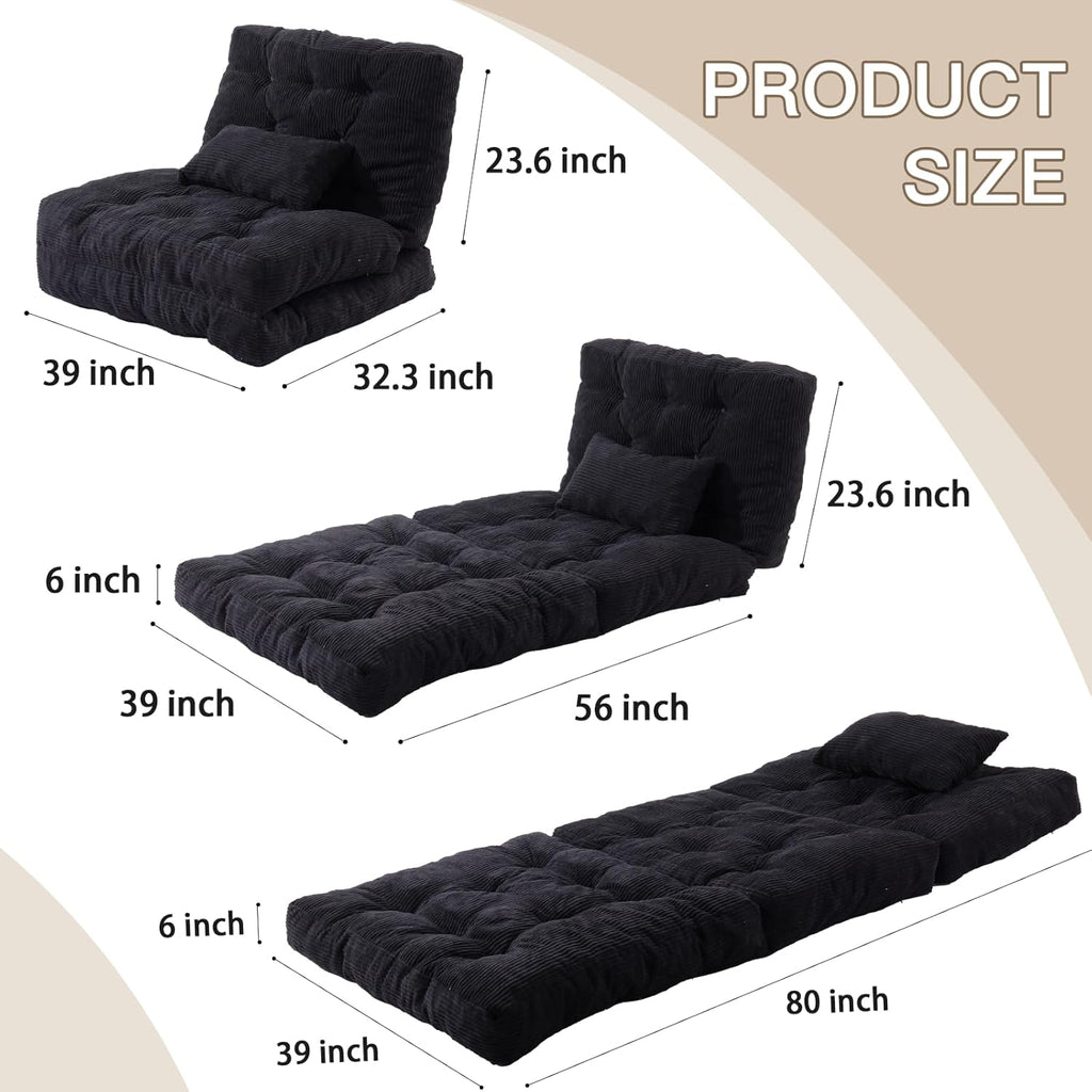 Folding Sofa Bed, Convertible Sleeper Chair with Pillow Foldable Mattress with Back Support, Portable Fold Out Chair Bed Comfy Floor Sofa Lounge for Living Room Bedroom, Black Twin 80x39 Inch