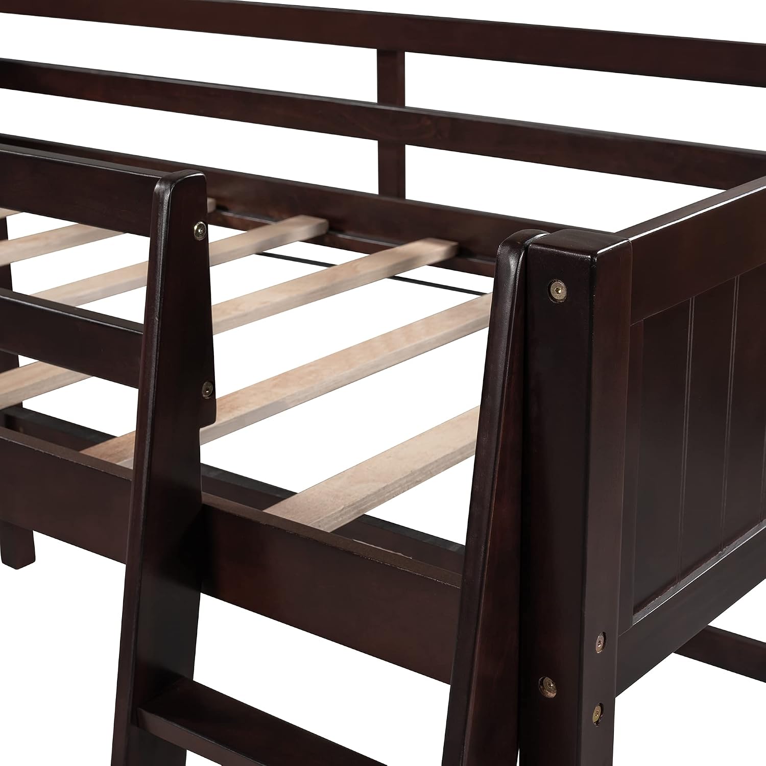 Twin Low Loft Bed with Inclined Ladder for Kids/Boys/Girls, Solid Wood, Full-Length Guardrail, No Box Spring Needed/Strong Slat Support (Espresso+Inclined Ladder)