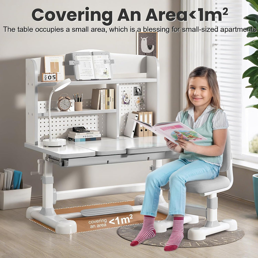 Kids Adjustable Study Desk and Chair, One-Touch Tilt Desktop with Storage, Ergonomic Learning Table for Boys and Girls Ages 3–12 (013-Grey)