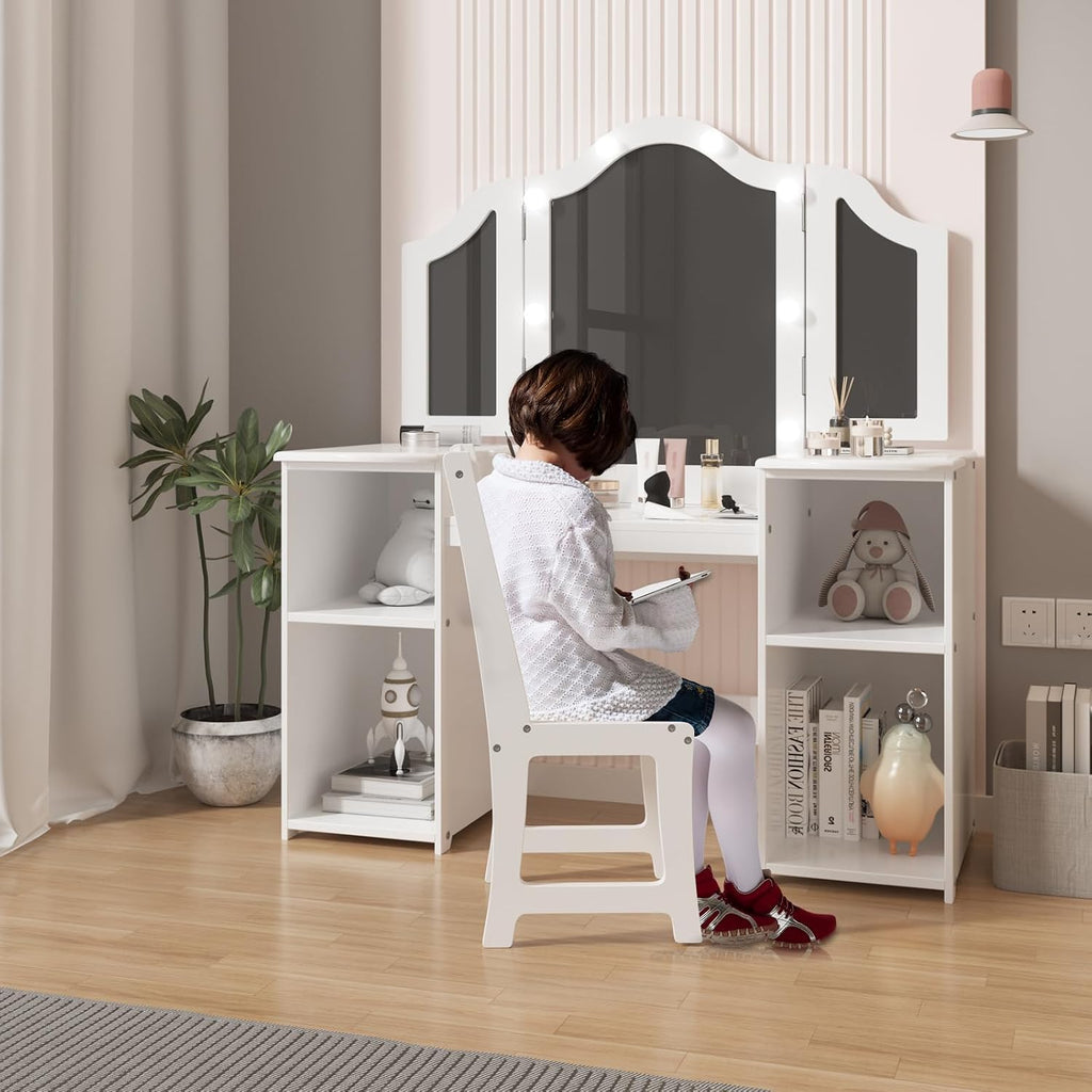 Garvee Kids Vanity Table, Princess Makeup Desk & Chair Set Withtouch Light Detachable Tri-Folding Mirror, Open Storage Shelves, Wooden Girls Vanity Dressing Table, Pretend Play Vanity Set for Toddler