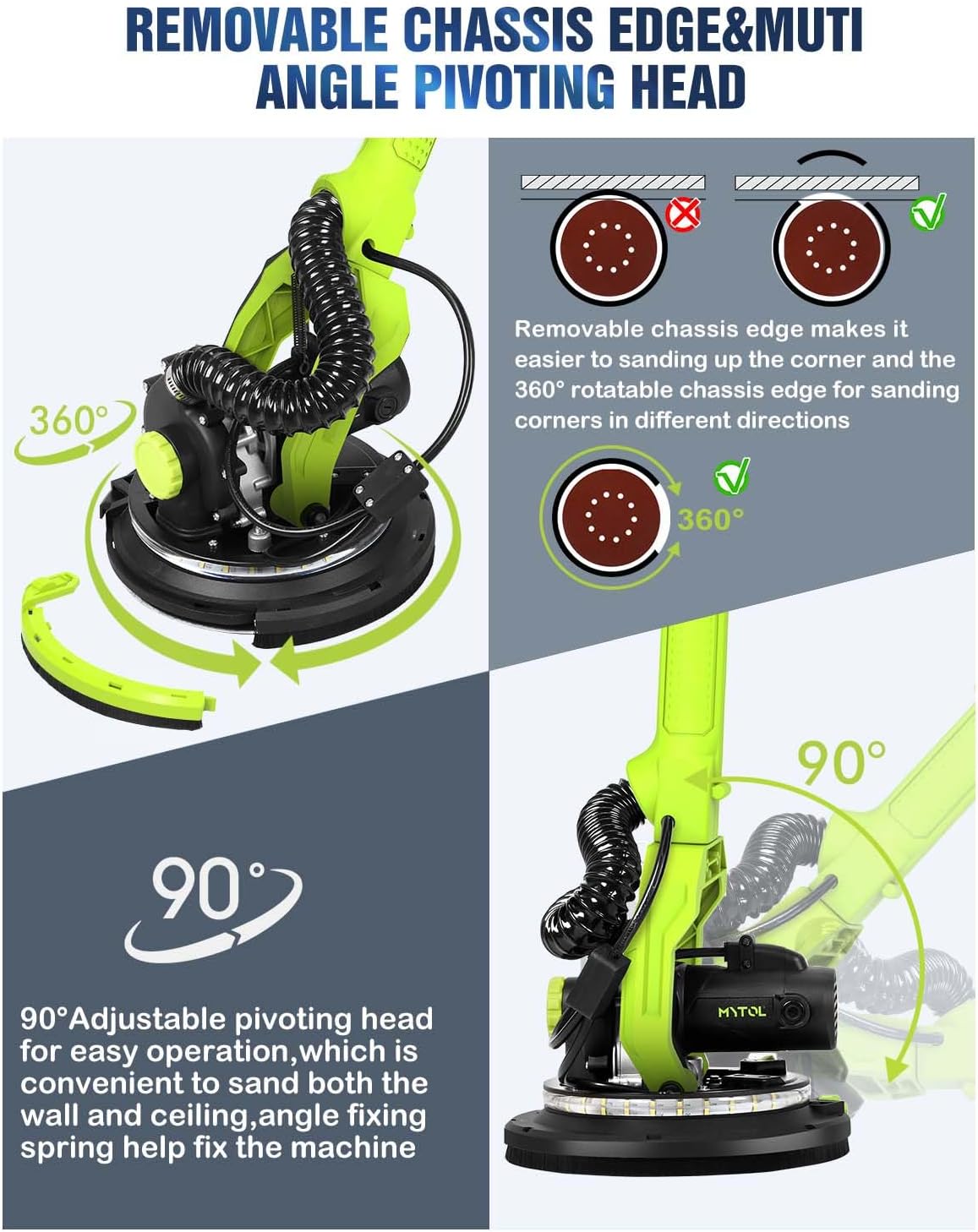 MYTOL Drywall Sander, 7.2A Electric Drywall Sander with Vacuum Dust Collection, 6 Variable Speed 900-1800RPM, LED Light, Foldable & Extendable Handle, 9 Pcs Sandpaper&3 Pcs Grid Sandpaper, Full Green