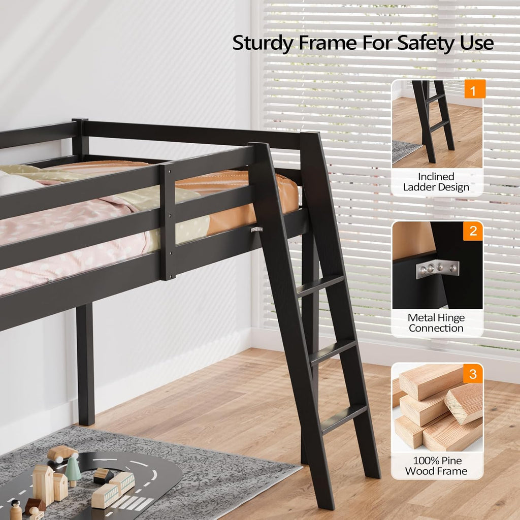 VINGLI 47'' Tall Junior Low Loft Bed with Stairs, Wood Loft Bed Twin Size for Adults, Kids and Young Teens, No Box Spring Required,Wood Slat Support, Black