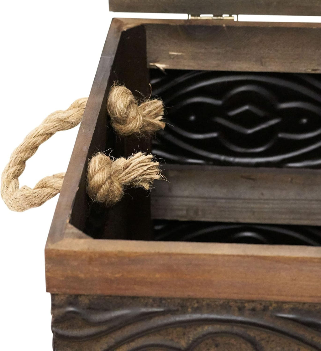 Household Essentials Decorative Trunk, Embossed Metal, Small, Chinese Fir Wood, Darkened Interior, Rope Handles, Flat and Fully Opening Lid, Handmade, Walnut and Almond Stain