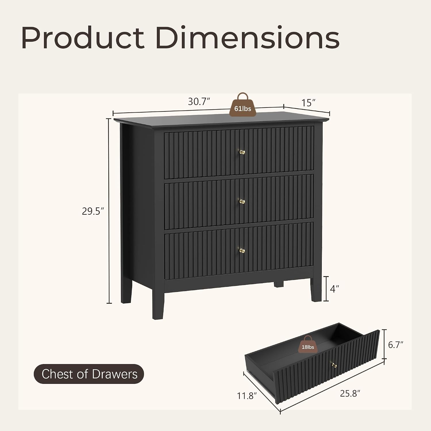 Fluted 3 Drawer Dresser Set of 2, Small Dresser Nightstand for Bedroom, Modern Wood Chest of Drawers, Wooden Dresser Nightstand with Paint Design for Closet, Hallway, Entryway, Black