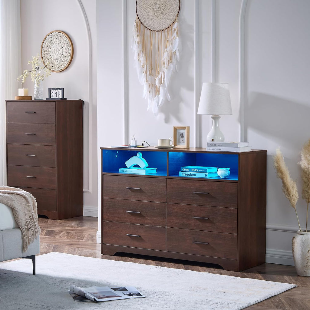LIDYUK Dark Cherry Dresser for Bedroom, 6 Drawer Dressers & Chests of Drawers, Modern Wood Dresser with Charging Station and LED Lights, 48 Inch Wide Chest of Drawers for Bedroom, Hallway, Living Room