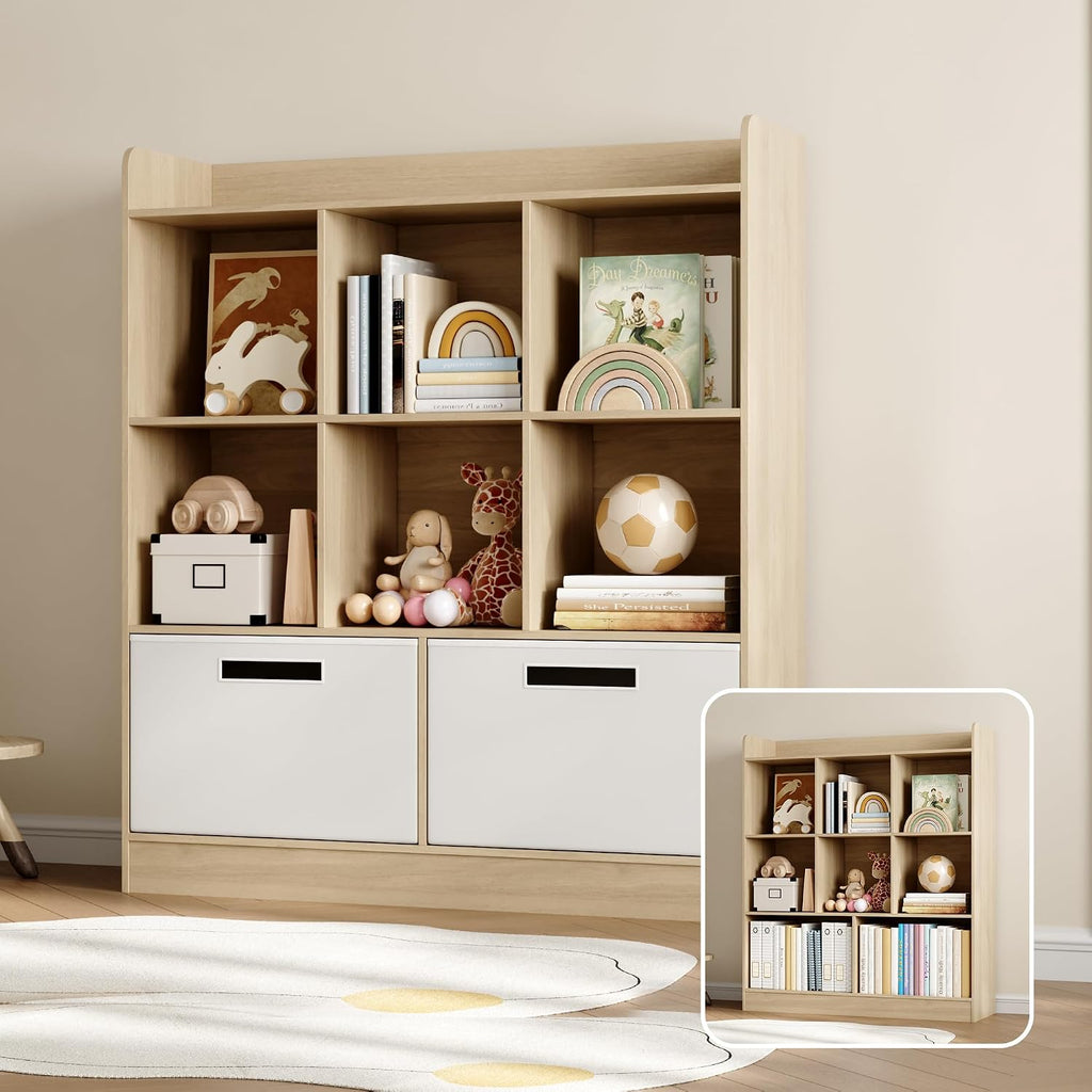Housoul Kid Bookshelf with 2 Fabric Drawers, Toy Storage Organizer, Natural | 8 Cubes Freestanding Book Shelves, 3-Tier Open Shelf Bookcase, Kids Bookcase Cubby Storage Organizer for Living Room, Office