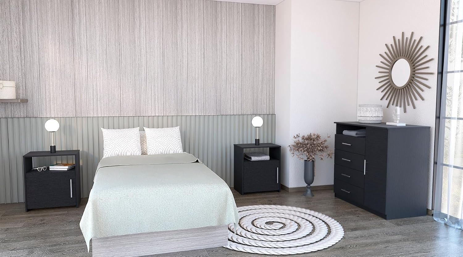 Space Saving 3-Piece Bedroom Set: Cabinet with 4 Drawers & 2 Nightstands, Modern Minimalist Furniture for Small Apartments, Easy Assembly, Black