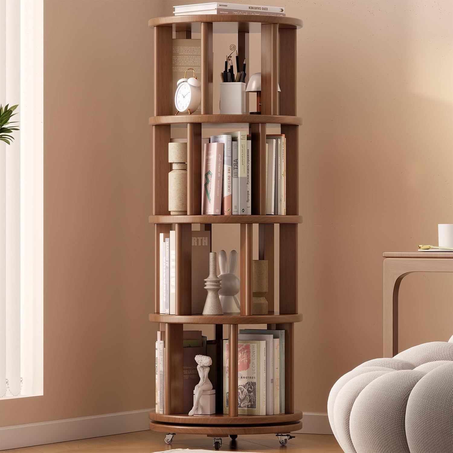 Muwuele Solid Wood Rotating Bookshelf on Wheels, 4 Tier, Round Revolving Bookcase, 360° Spinning Book Shelf Tower for Kids, Narrow Rolling Bookshelves for Small Space, Corner, Bedroom, Office, Walnut
