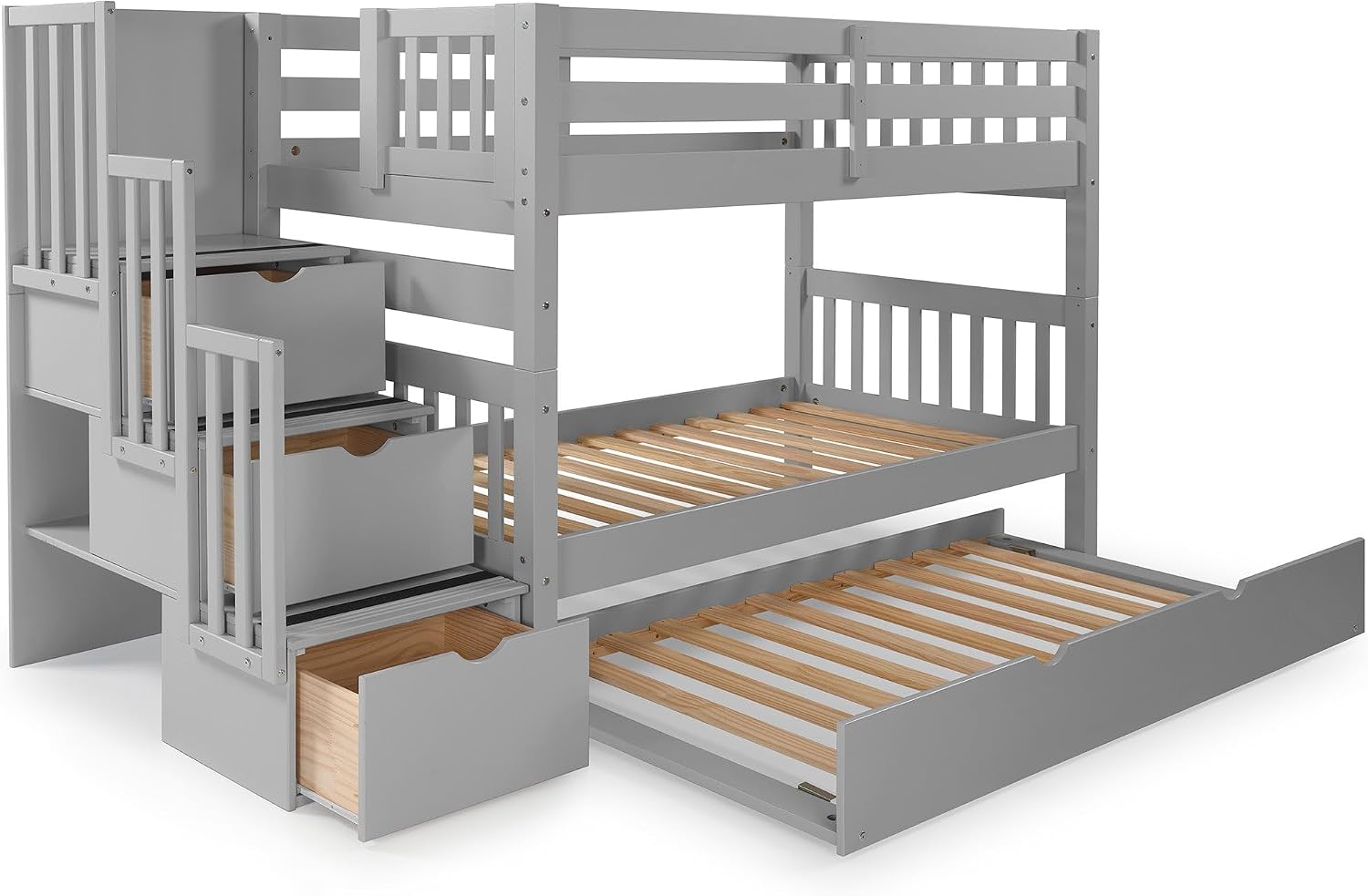 Bedz King Stairway Bunk Beds Twin Over Twin, 3 Step Drawers and a Twin Trundle, Gray