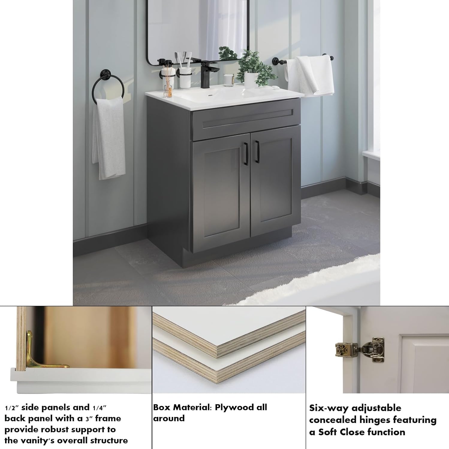 Bathroom Vanity Sink Base Ready-to-Assemble Bathroom Cabinet 24'/30'/36' Width (Vanity Base in Grey Shaker, 30 inch)