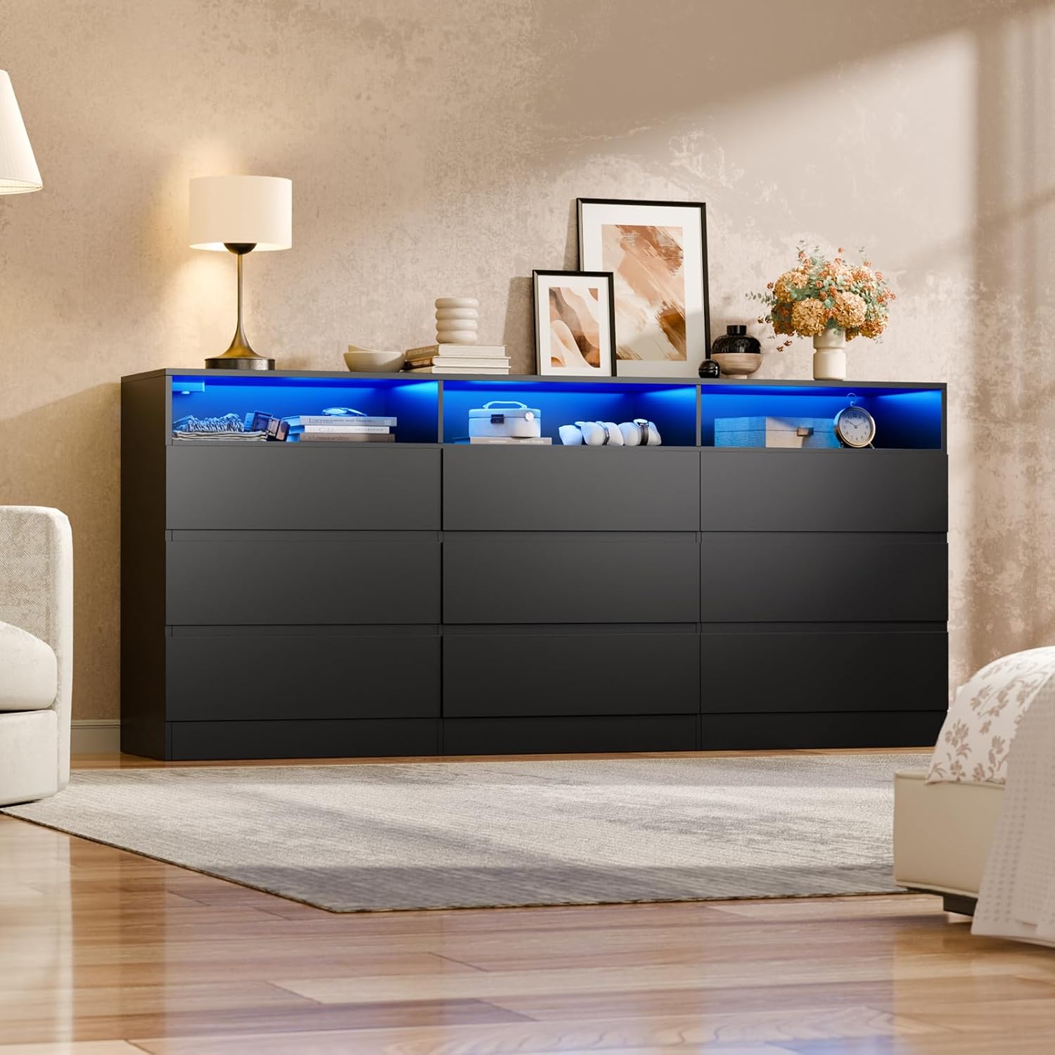 STIKELY 9 Drawer Dresser for Bedroom with Power Outlet and LED Light, Black Dresser Chest of Drawers for Closet, Modern Dressers Organizer Cabinet for Living Room, Entryway, Hallway (Black)