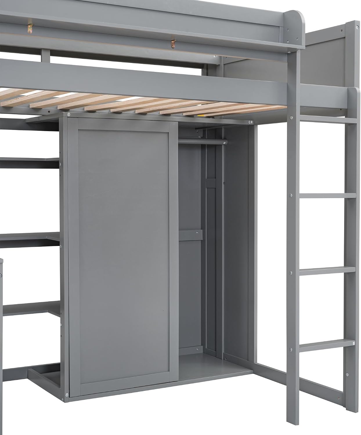 Wood Twin Size Loft Bed with Storage Shelves and Wardrobe,Bedroom Multifunctional Bed Frame w/Integrated Ladder/Full-Length Guardrails/3 Cabinets,for Kid Boy Girl Teen,Grey