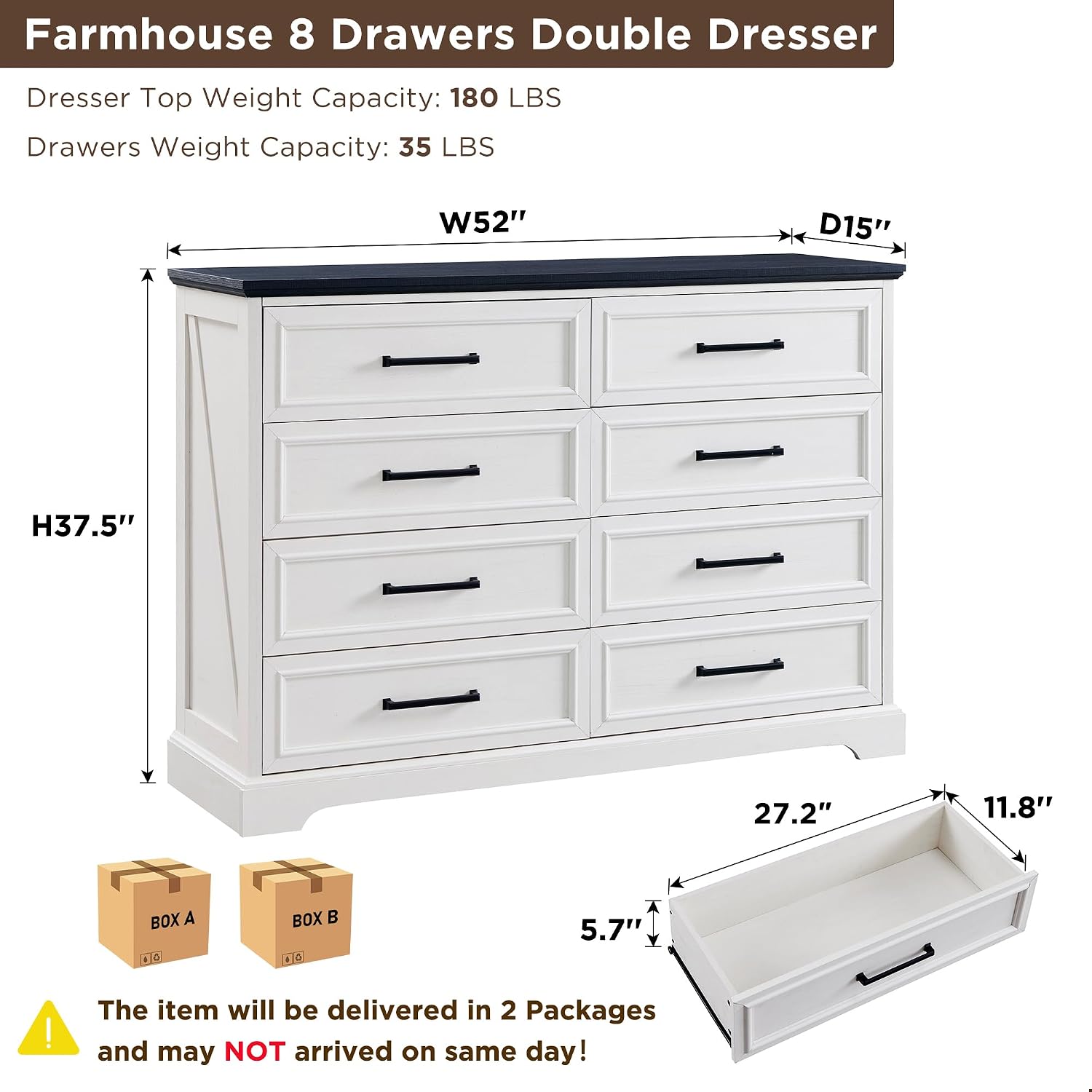 ACCOHOHO Farmhouse 8 Drawers Dresser Chests for Bedroom,52' Wide Wood Rustic Chest of Drawers with Metal Handle,Natural Texture,Drawer Organizer for Bedroom,Living Room,Hallway Entryway,Antique White
