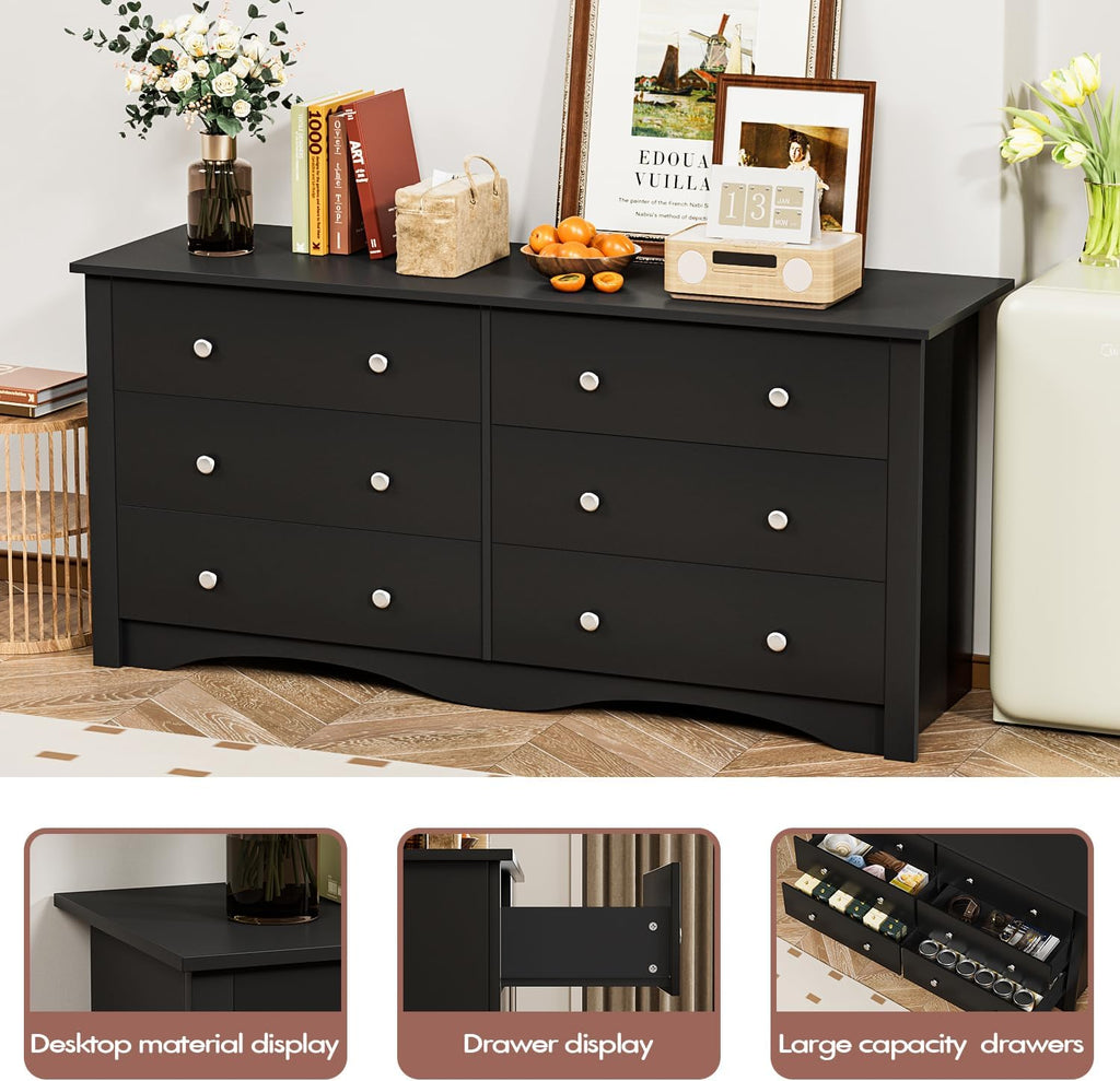 YESHOMY Dresser for Bedroom with 6 Drawer, Wood Wide Chest Storage Organizer and TV Stand for Living Room, Hallway, Dormitory, Black