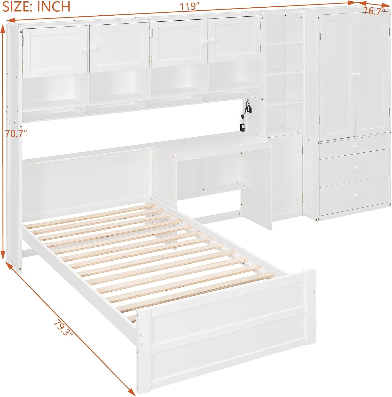 Multifunctional Design Twin Size Platform Bed with All-in-One Vertical Cabinet Bookcase and Desk, Solid Wood Platform Bed Frame with Storage Headboard, Drawers and Shelves (White-1.2)